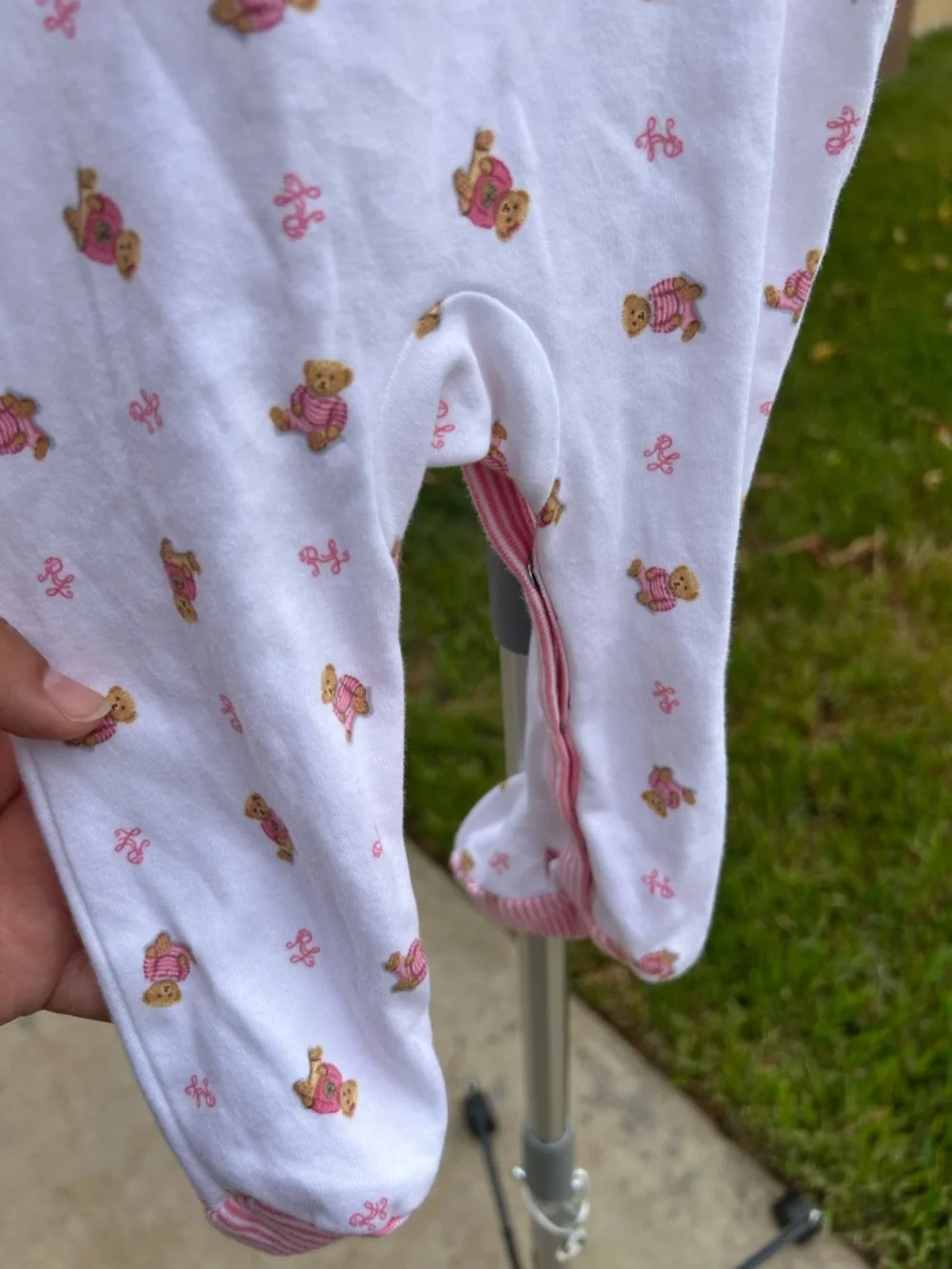 Ralph Lauren White Footed One-Piece with Pink Trim and Floral Bear Print